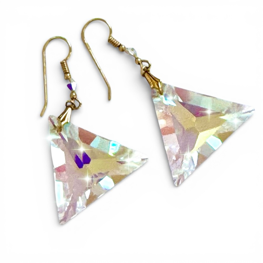 Vintage Aurora Borealis Crystal Triangle Drop Dangle Earrings